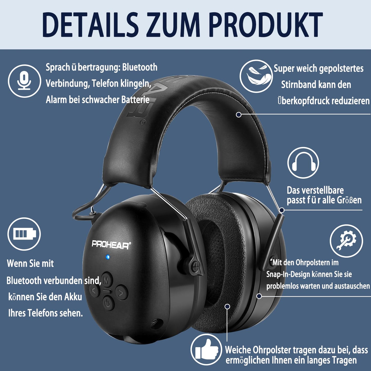 PROHEAR 037 Gehörschutz mit Bluetooth, BT 5.3-Technologie Kopfhörer mit Eingebautem Mikrofon und Lärmreduzierung für Mähen und Lärmintensive Freizeitaktivitäten, SNR 30dB, NRR25dB - Schwarz