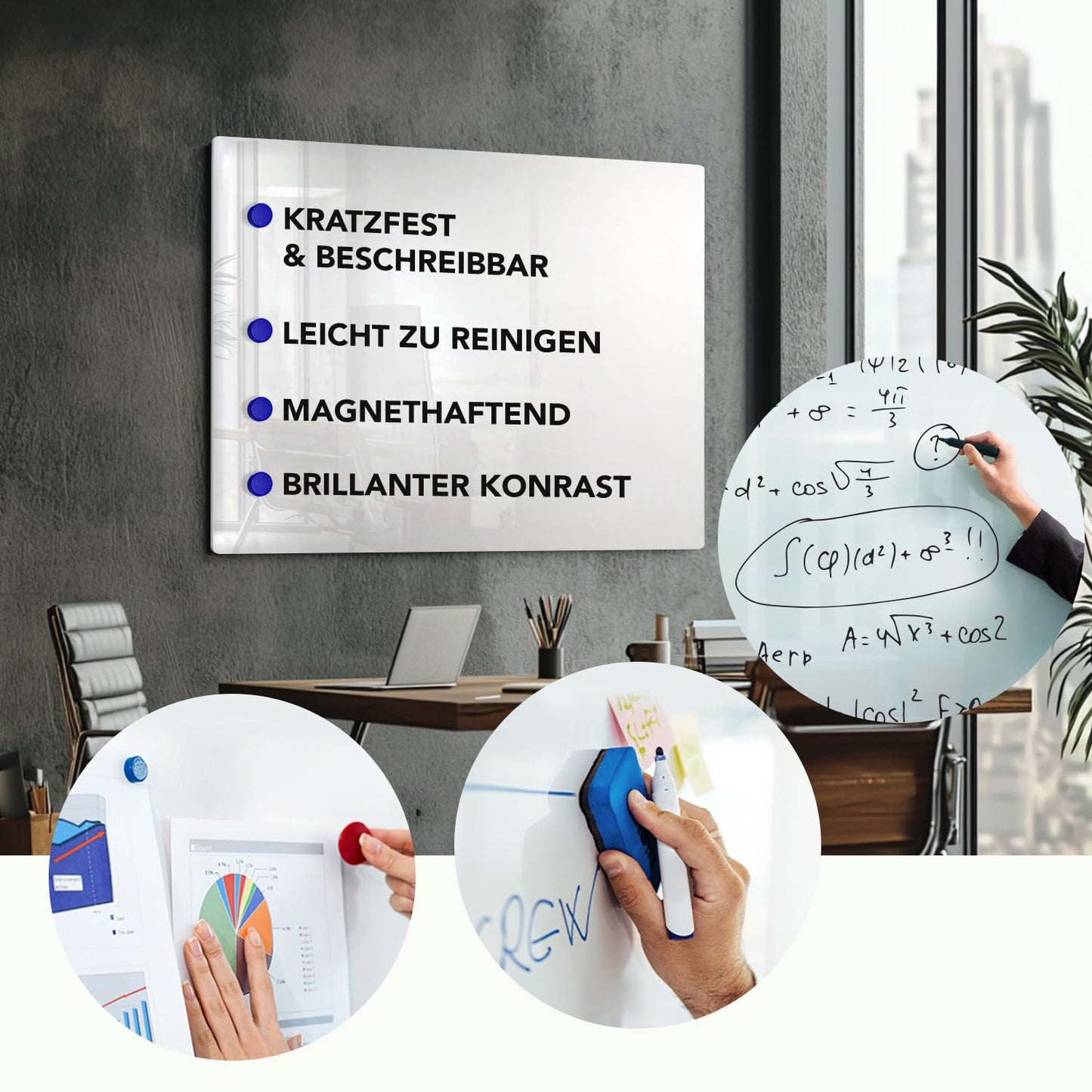 Premium Magnettafel aus Glas, Whiteboard rahmenlos, Pinnwand magnetisch, Glastafel inkl. 5 Magnete, Magnetwand beschreibbar, Wandtafel, Memoboard (120 x180 cm)