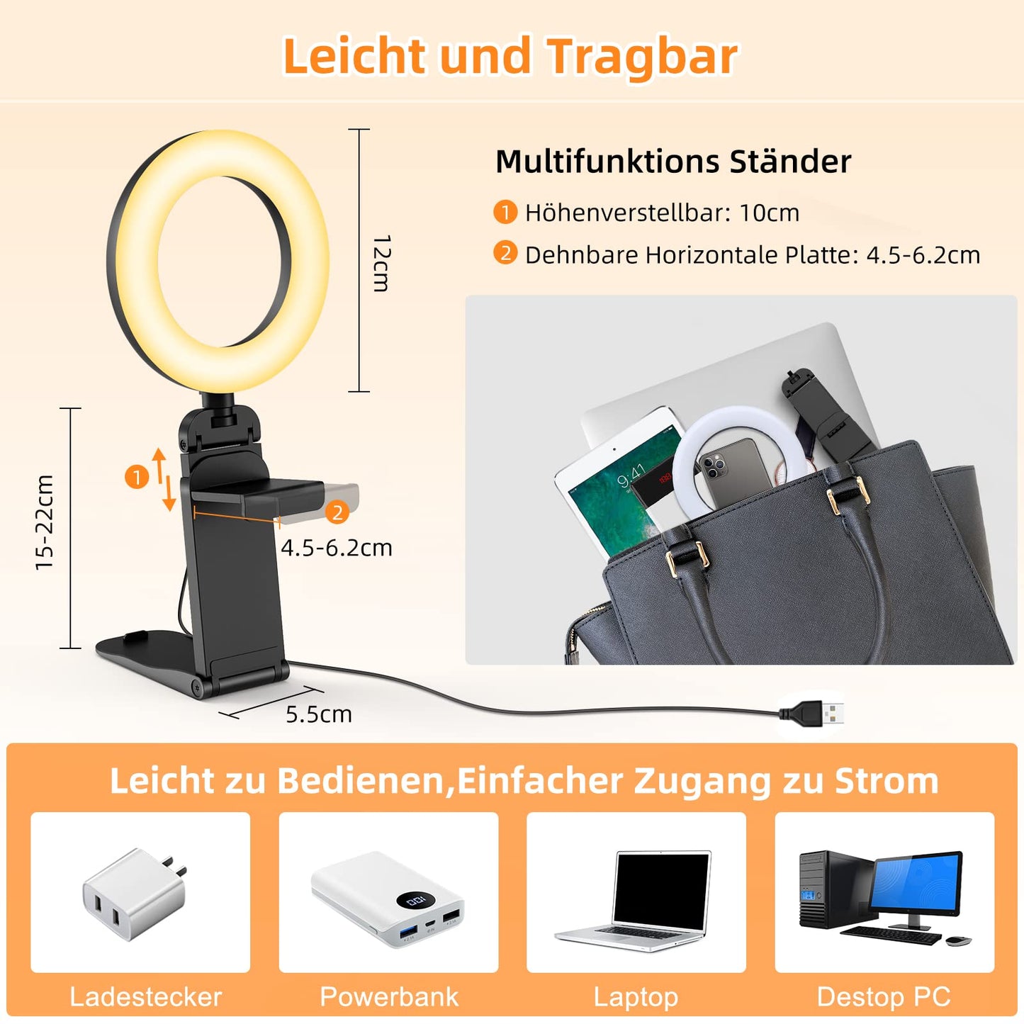 New Ringlicht LED Videolicht Dauerlicht Laptop PC,Evershop 5” Streaming Licht mit Stativ&Handyhalter 3 Lichtfarben+10 Helligkeiten 360°Drehbar Videokonferenz Licht für Tiktok Zoom YouTube Live Stream