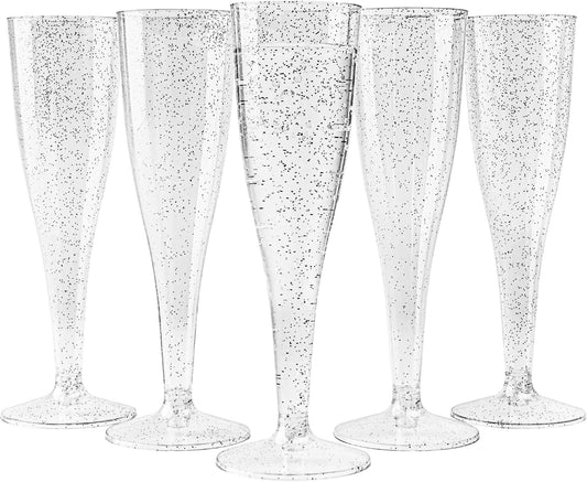 MATANA 48 Premium Sektgläser Plastik mit Silberglitter, 133ml - Sektgläser Kunststoff, Sektflöten, Champagner Gläser, Cocktailgläser, Weingläser für Hochzeiten, Partys - Stabil & Mehrweg