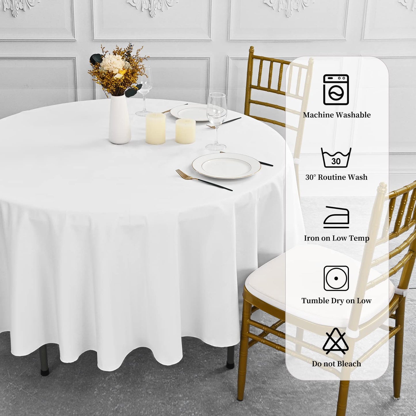 8 Stück Runde Tischdecken - 229 cm Weiß Polyester Tischdecke für Runden Tisch, Pflegeleicht Waschbare Stoff Tischdecke, Flecken und Knitterfrei Polyester Tischdecke für Hochzeits Bankett Party