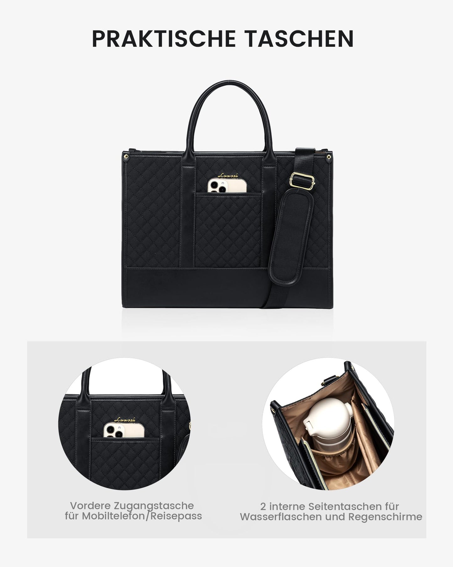 LOVEVOOK Laptoptasche Damen 15,6 Zoll, Wasserdicht Arbeitstasche Handtasche Groß Schultasche Shopper Business Tasche Aktentasche Lehrertasche, Leder Tote Bag Notebooktasche für Büro Uni Schwarz