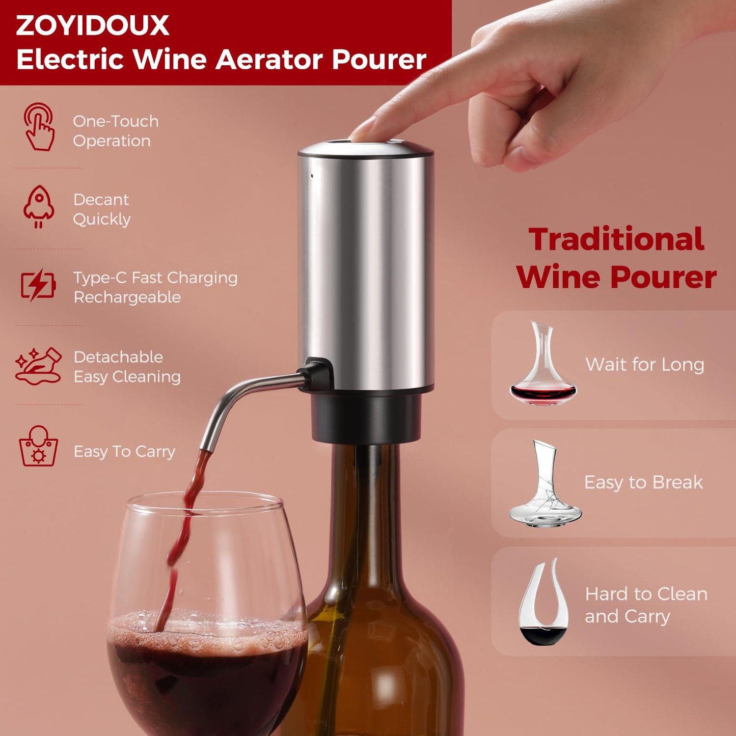 ZOYIDOUX Elektrischer weinbelüfter Set 4-in-1 Weinset mit Wiederaufladbarem Weinöffner, Wiederaufladbarem Weinbelüfter, Folienschneider und Vakuum Weinstopfen, Geschenkset für Weinliebhaber(Edelstahl)