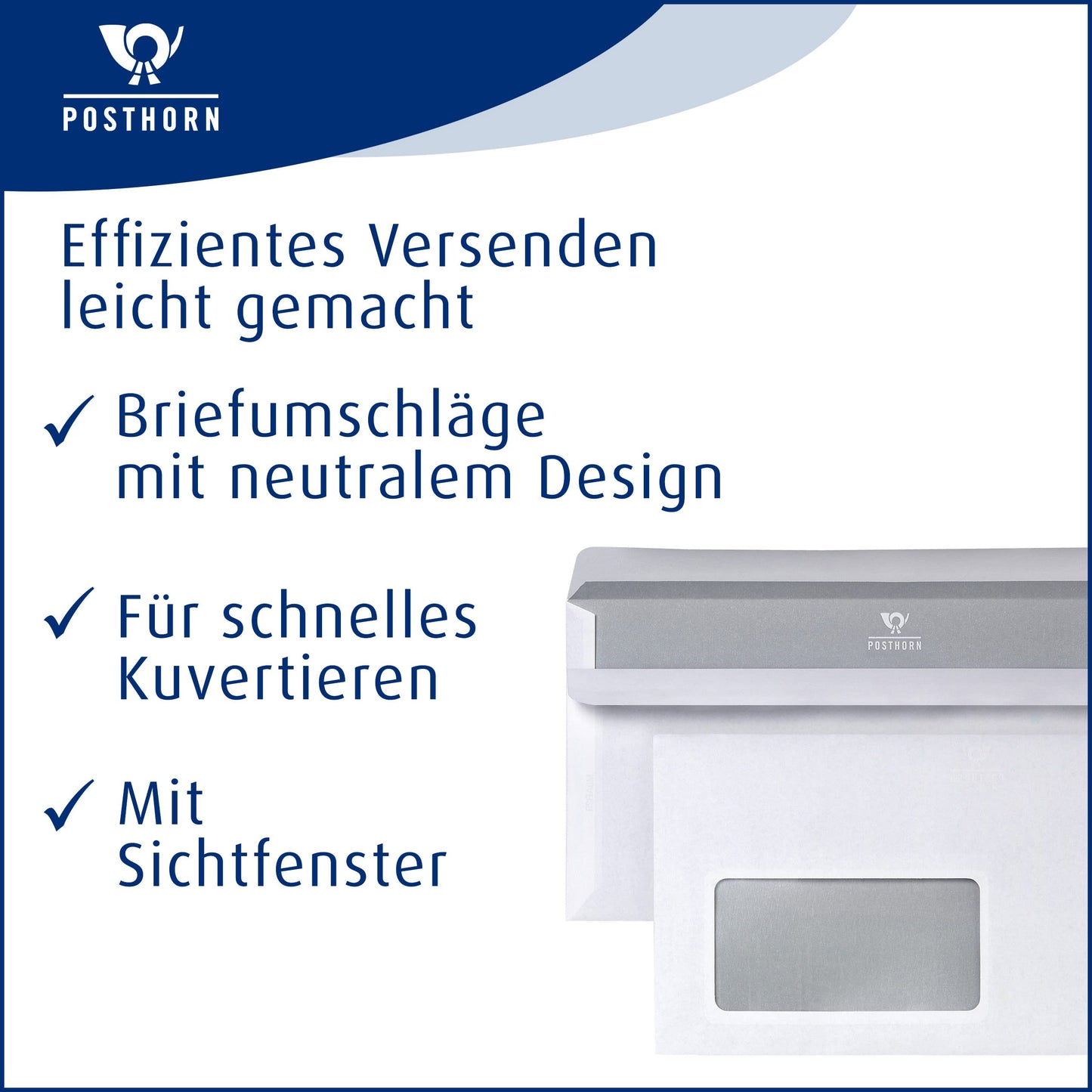 POSTHORN Briefumschlag DIN lang (100 Stück), selbstklebender Briefumschlag mit Fenster, weiße Briefumschläge mit grauem Innendruck für Sichtschutz, 110 x 220 mm, 75g/m²