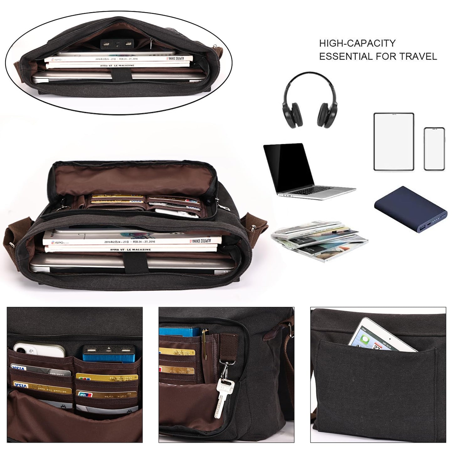 Leathario Umhängetasche Herren，Messenger Bag aus Canvas，Aktentsche Studententasche Laptoptasche 14 Zoll，Schultertasche Kuriertasche Herrentasche Collegetasche Uni Studenten Schwarz