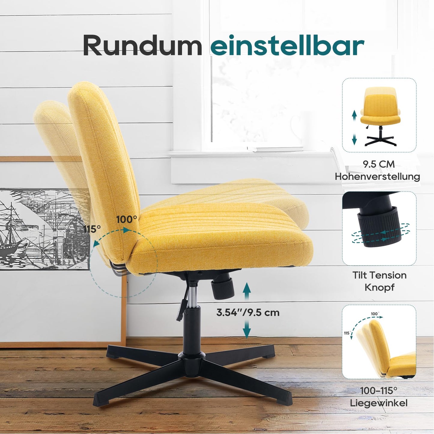 COLAMY Breiter Bürostuhl, Gepolsterter Armloser Schreibtischstuhl Drehbarer Home Office Stuhl 115° Wippfunktion Ergonomischer Computerstuhl für Home Office, Schminken, Gaming (Kreuzfuß, Gelb)