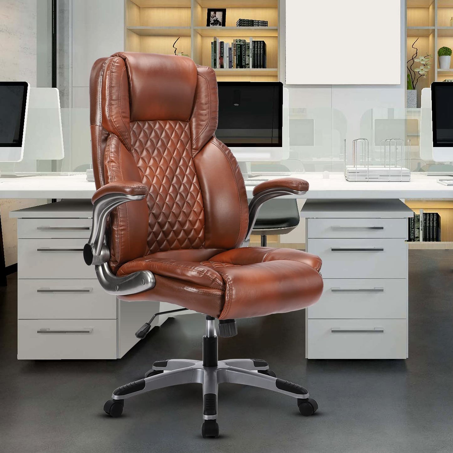 KCREAM Bürostuhl Computer hohe Rückenlehne verstellbare Flip-up-Armlehnen Ergonomischer Schreibtischstuhl Executive Diamond-Stitched PU Leder Swivel Task Chair mit Armlehnen Lendenwirbelstütze