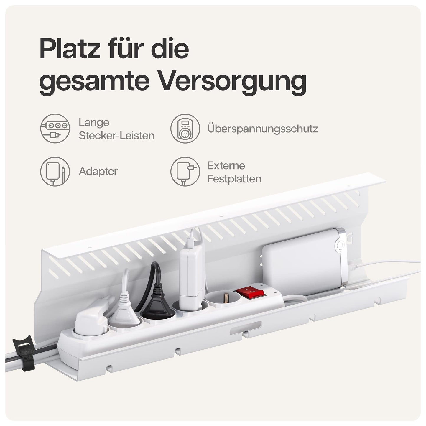 Kabelkanal Schreibtisch Weiß 2er Set - Edelstahl Kabelmanagement Schreibtisch Kabelkanal mit 5 Kabelausschnitten - Einfach zu Installierender Kabel-Organizer - Kabelhalter von Desktronic