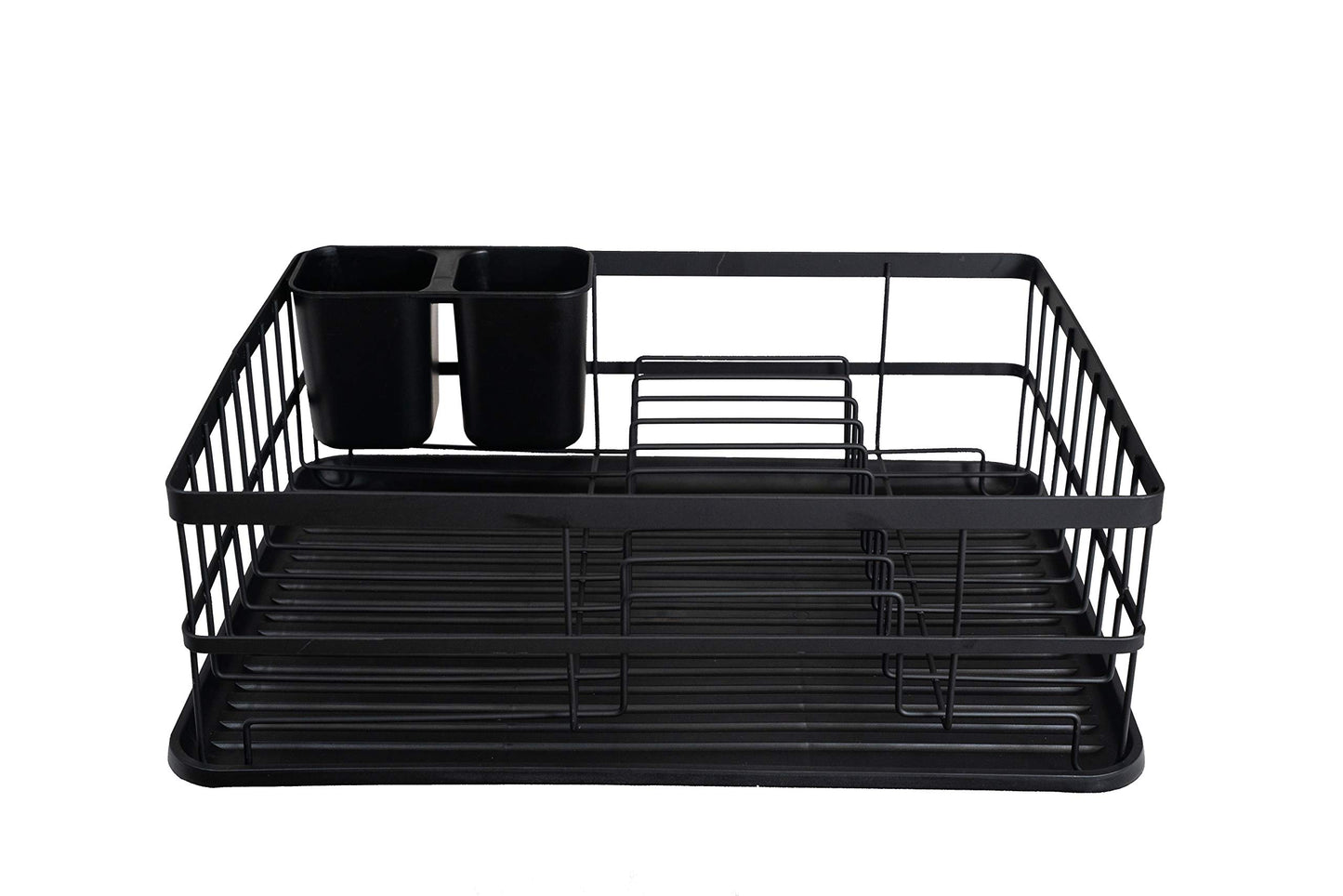 JOHSEATY Abtropfgestell Geschirr Schwarz Matt Metall (42x31,5x15,5cm) Geschirrabtropfgestell mit Besteck Halterung und Abtropfschale aus Plastik für die Spüle Geschirr Abtropfständer