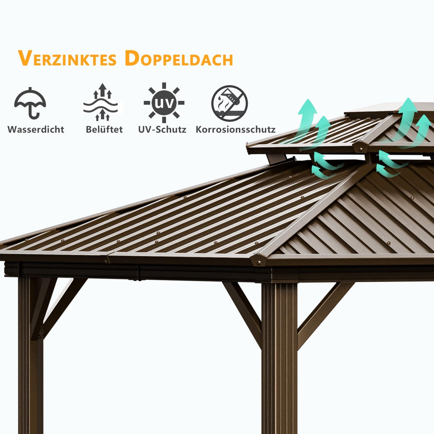 HOTEEL 3x3.65m Hardtop Pavillon Wasserdicht Stabil Winterfest, Gartenpavillon Metall mit Verzinkter Stahl Doppeldach, Alu-Rahmen, Schwer Entflammbare Vorhänge & Moskitonetz, Braun (2025 Aufrüstung)