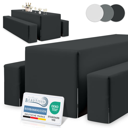 Beautissu Edles 3tlg Biertischhussen Set Blickdicht 50cm oder 70cm Bierzeltgarnitur – Dicker Stoff Knitterfrei Bierbankauflagen Bodenlang – Biertischhusse Bierbankhusse Biertisch – 220x50cm Schwarz