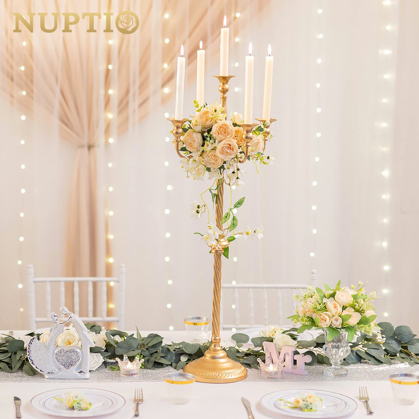 Nuptio Kandelaber Kerzenständer 5 Armig: 88cm Satz von 2 Kerzen Ständer Halter hoch, Gold Metall Kandelaber Kerzenhalter Retro für Home Hochzeit Weihnachten Halloween Geburtstag Jahrestag