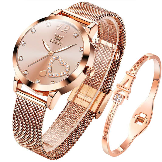 OLEVS Damenuhr Roségold mit Herz Diamant Rosa Gesicht Armbanduhr wasserdicht Armreif Armband Set Armbanduhren für Damen