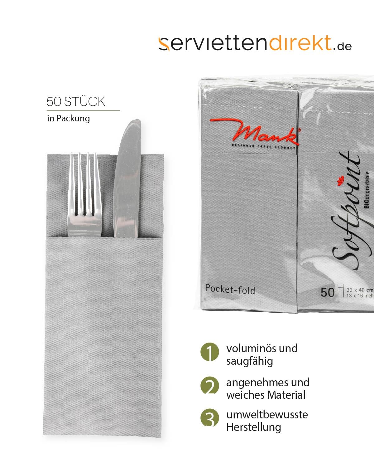 Mank Besteckservietten aus Softpoint, Pub Servietten Tasche Besteck Bestecktaschen, 40x33 cm 1/8 Falz, mit Besteckschlitz für Gastronomie und Feiern, 50 Stück | (Grau)