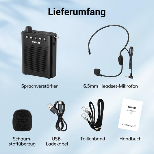 TONOR Sprachverstärker tragbar Blutooth Lautsprecher mit kabelgebundenem Mikrofon Headset, Wiederaufladbares Mini Stimmverstärker für Trainer Lehrer Reiseführer Tagungen Fitnesstrainer, K10