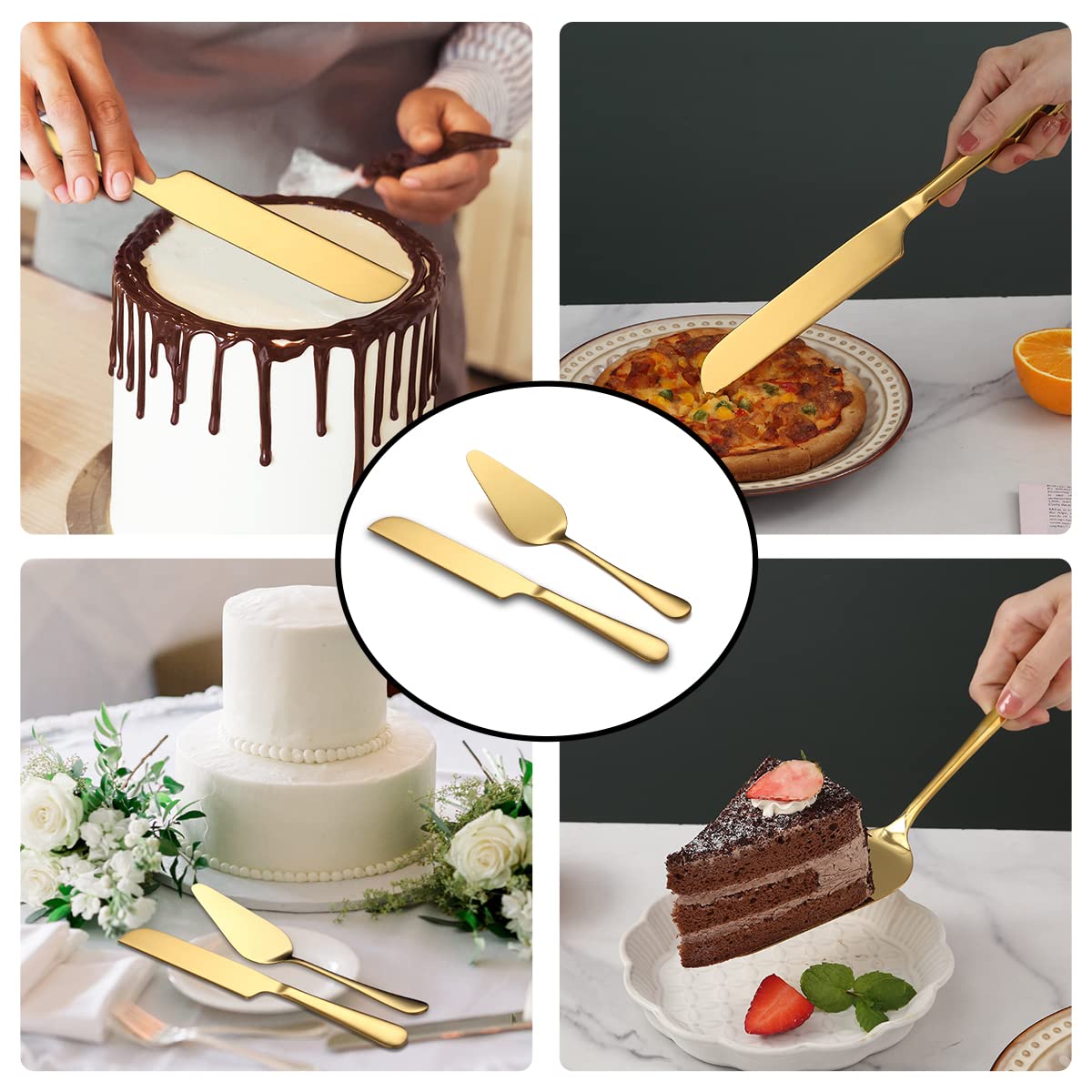 Kyraton Gold Hochzeits tortenmesser und Server Set, Edelstahl Titan-Vergoldung Kuchenheber & Tortenheber für die Hochzeit beinhalten Tortenausstecher und Tortenheber