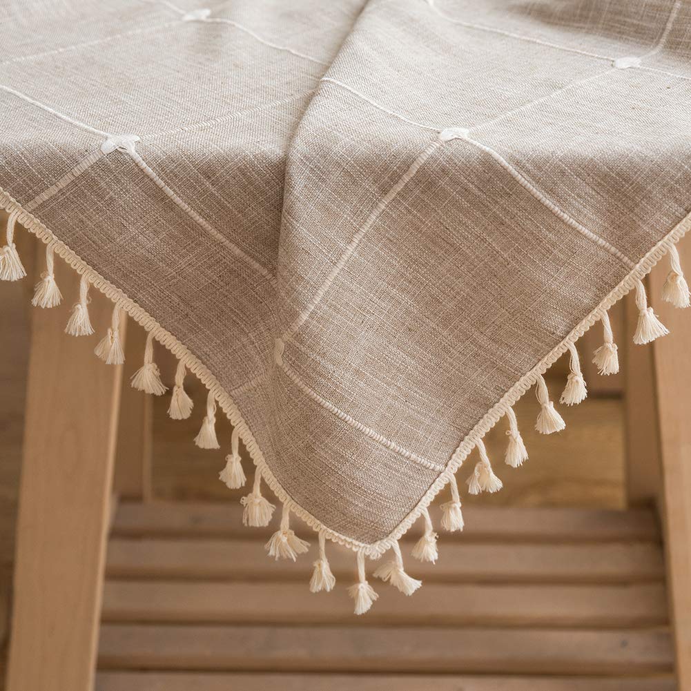 SUNBEAUTY Tischdecke Abwaschbar 140x200 Tischdecke Baumwolle Leinen Tischdecken Rechteckig Tischtuch Beige mit Quasten für Home Küche Speisetisch Dekoration
