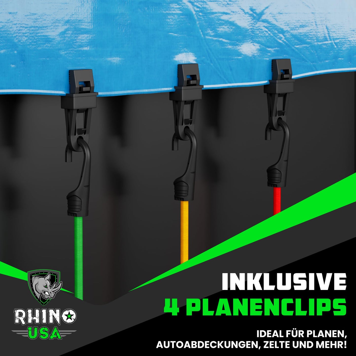 RHINO USA Bungee-Seile mit Haken – Robustes 28-teiliges Sortiment für den Außenbereich mit 4 kostenlosen Planen-Clips, Kordelzug-Organizer-Tasche, Baldachin-Krawatten und Ball-Bungees