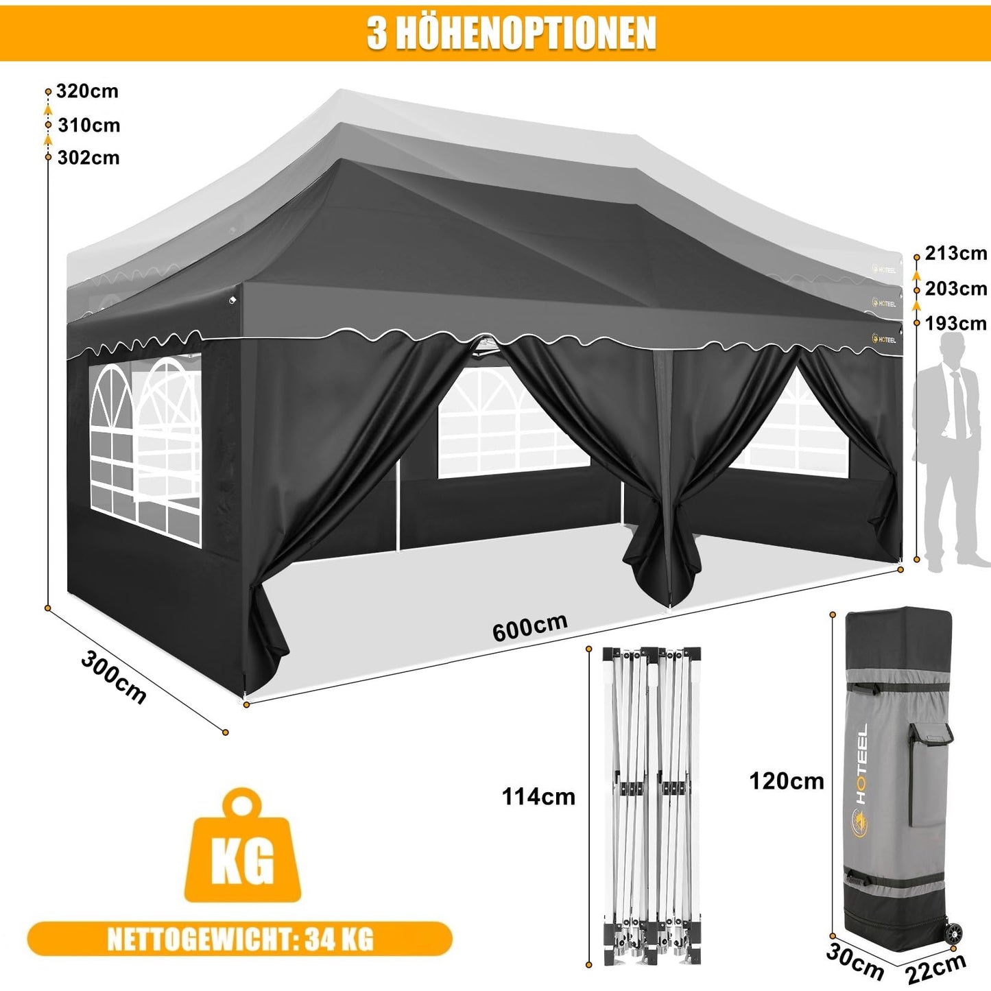 HOTEEL Pavillon 3x6 Faltpavillon 3x6 Wasserdicht Stabil, Partyzelt Faltbar Anti-UV 50+ Pop Up Gartenpavillon mit 6 Seitenwänden, 4 Sandsäcke, Tasche mit Rollen, für Hochzeiten Partys Markt, Schwarz