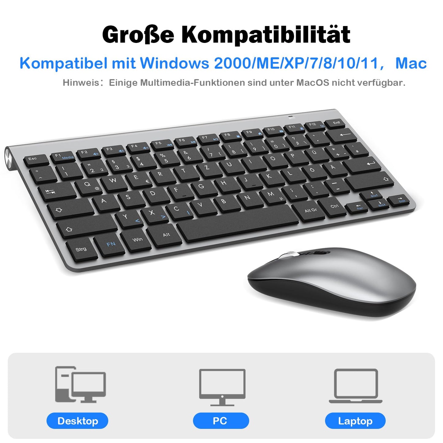 PINKCAT Kabelloses Tastatur Maus Set kabellos 2.4G Kabellose Kompakte Tastatur mit Funkmaus für Laptop, PC und Smart TV Deutsches QWERTZ Layout(Grau&Schwarz)