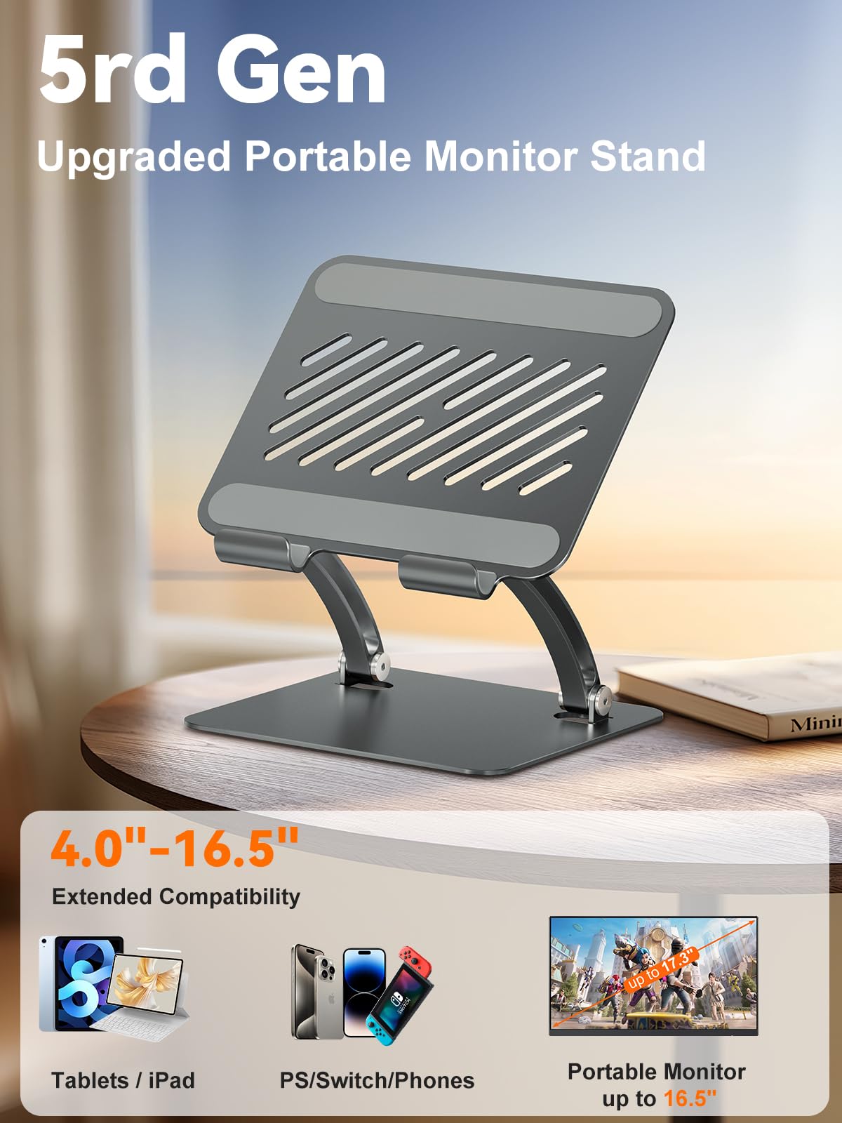 tounee Verstellbarer Tablet Ständer aus Aluminium, Doppelstangen-Design, für Tablets 4.7–16.5", iPad 12,9", tragbare Monitore & mehr (Grau)