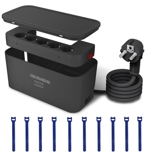 Kabelbox mit Steckdosenleiste USB Überspannungsschutz, Mehrfachsteckdose 5Fach mit 3USB Ladeanschlüsse, Kabel Organizer Box Steckdosenadapter (2500W) mit 2M Kabel, 29.5 * 14 * 14CM, Schwarz