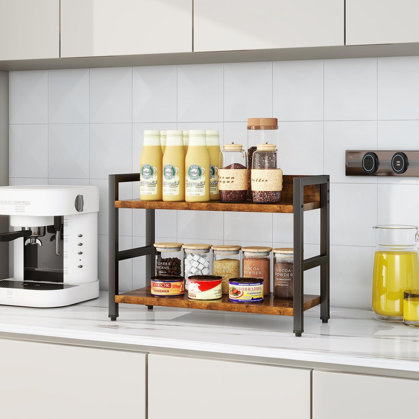 IBUYKE Gewürzregal mit 2 Ebenen, Küchenregal, für Arbeitsplatte, Schreibtisch Organizer,Aufbewahrung für Gewürze,für Küche, Wohnzimmer, Büro, vintagebraun TLJ002H