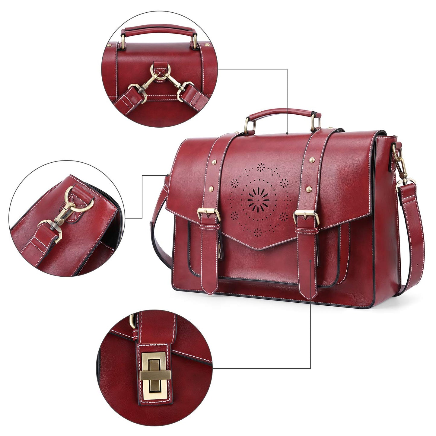 ECOSUSI Aktentasche Damen Laptoptasche 15,6 Zoll Schultertaschen Leder Umhängetasche Vintage groß business taschen Handtasche Arbeitstasche lehrertasche Rot