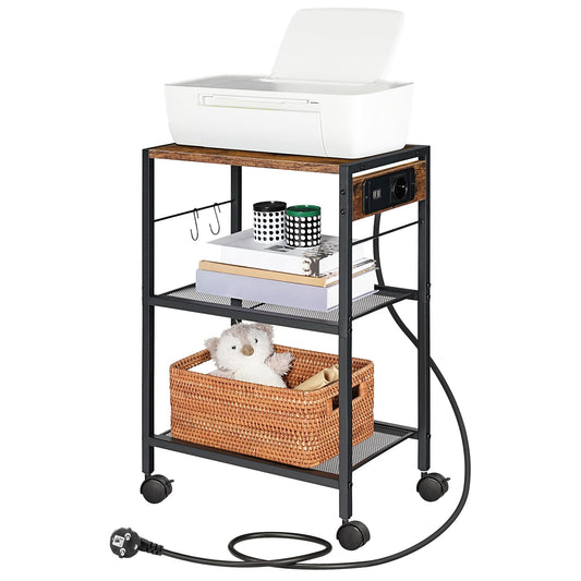 HOOBRO Druckerständer, 3-stufiger Druckerständer mit Ladestation, Lagerregal mit Rollen/verstellbaren Füßen, mit 2 Haken, für das Heimbüro, Vintagebraun und Schwarz EBF22CPS01