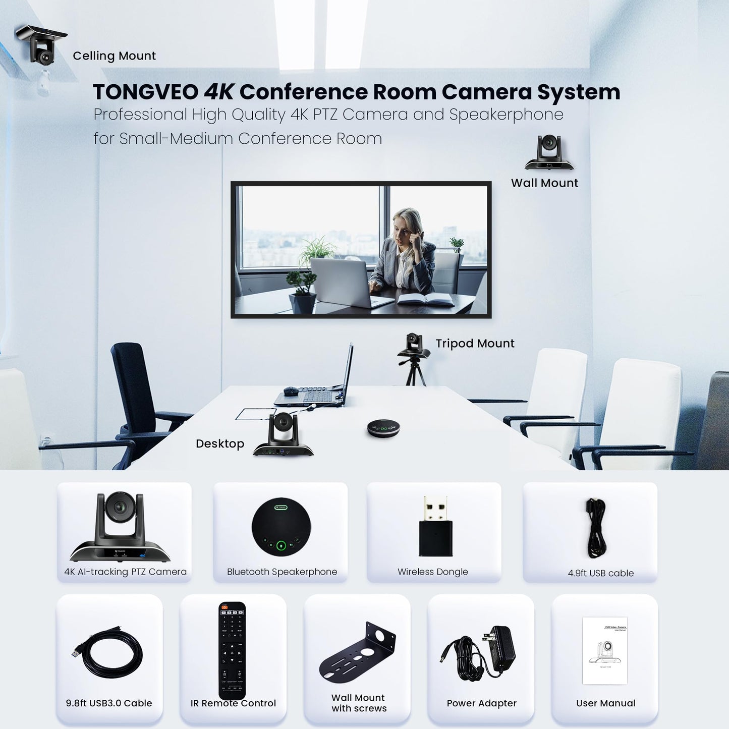 TONGVEO 4K All-in-1 Konferenzraum-Kamera-System mit Bluetooth-Mikrofon, AI Auto-Tracking 5X Digitalzoom USB3.0 124° Weitwinkel PTZ-Kamera und Freisprecheinrichtung für Zoom Skype Teams und mehr