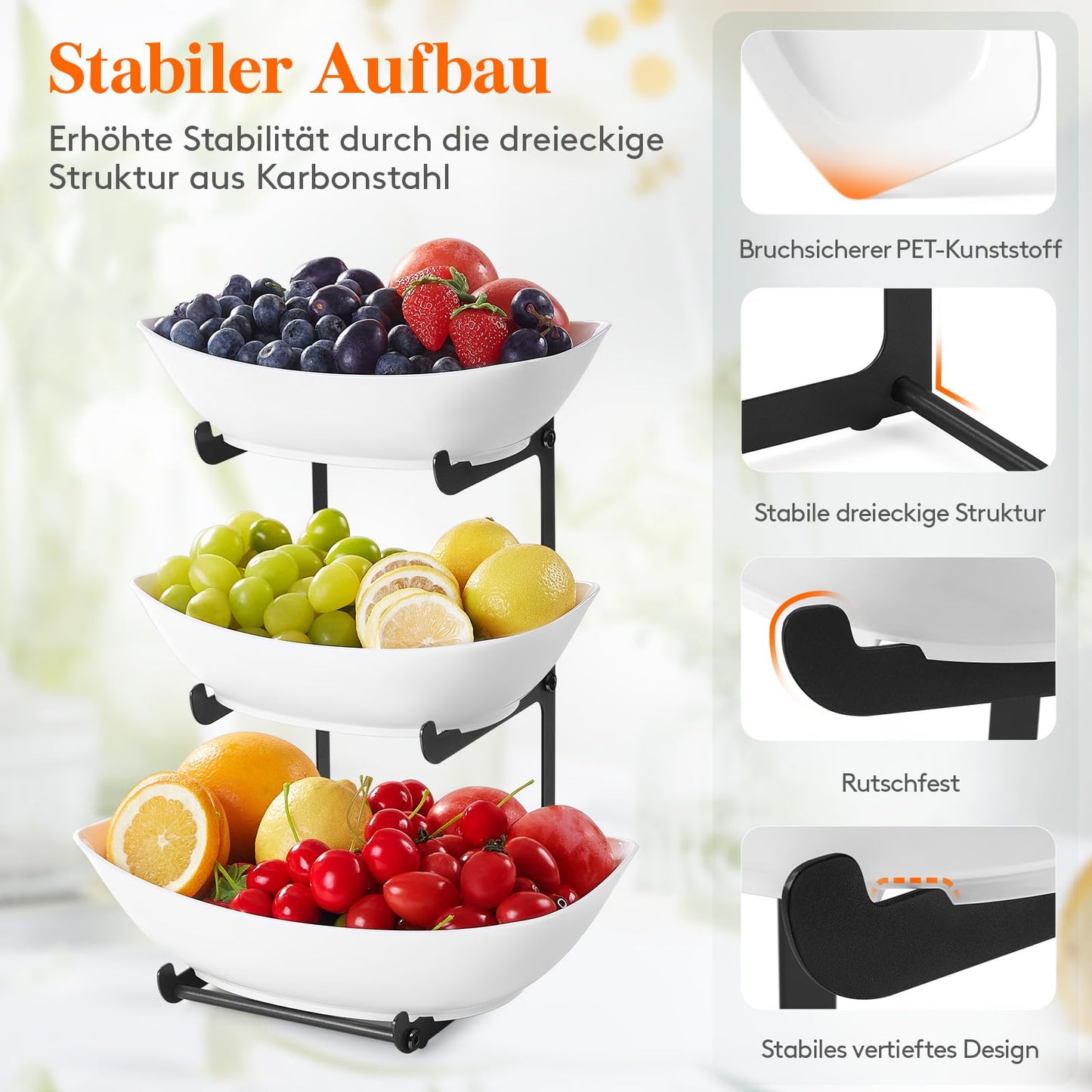 Lifewit Obst Etagere mit 3 Etagen,Obstschalen aus Kunstsoff mit Schwarzem Metallregal, Obstkorb Etagere 3 Stöckig, Obstständer Obstregal mit Weiße Servierplatte für Buffets/Obst/Snack/Gemüse/Desserts
