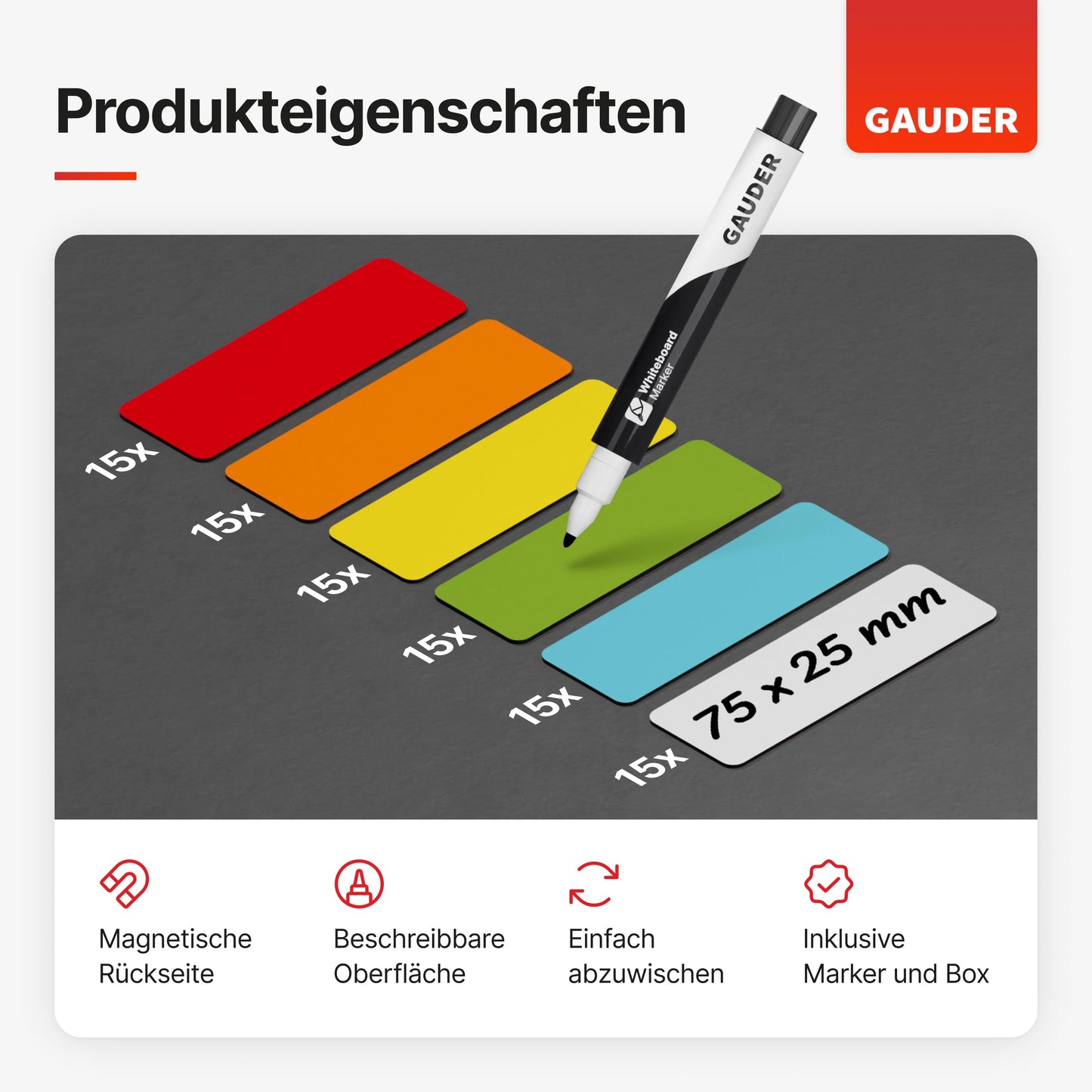 GAUDER Magnetetiketten beschreibbar (75 x 25 mm) | 90 Stück Magnetschilder zum Beschriften | Magnetkarten ideal für Kanban Board, Whiteboard & Tafel