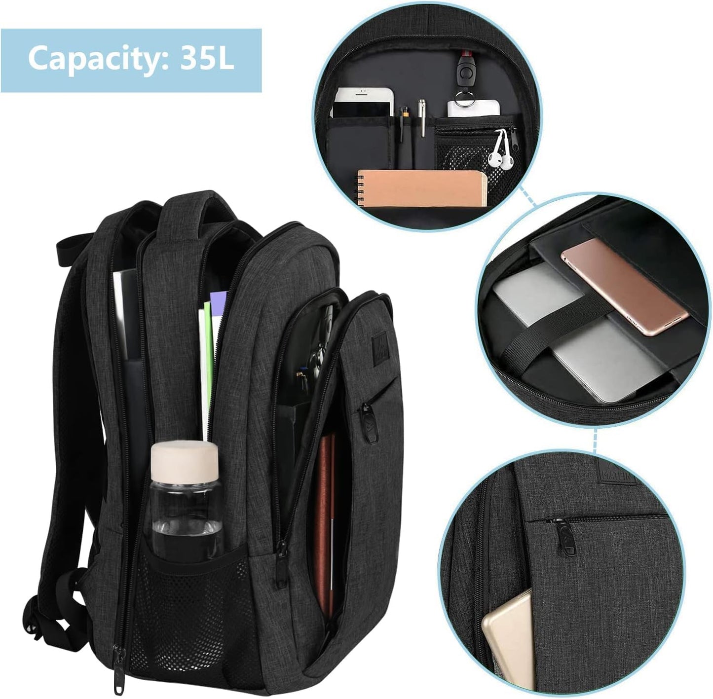 MATEIN Rucksack Herren, Groß Laptop Rucksack 17,3 Zoll Schulrucksack Laptoptasche mit USB Ladeanschluss Anti Diebstahl Business Arbeit Reisen Rucksack Teenager Notebook College Tech Damen, Schwarz