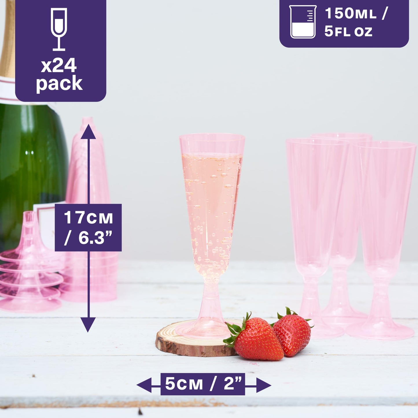 MATANA 24 Premium Rosa Sektgläser aus Kunststoff, 150ml - Stabil & Mehrweg - Plastik Sektgläser Pink, Champagner Gläser, Cocktailglas, Sektbecher, Proseccogläser für Hochzeit, Junggesellinnenabschied
