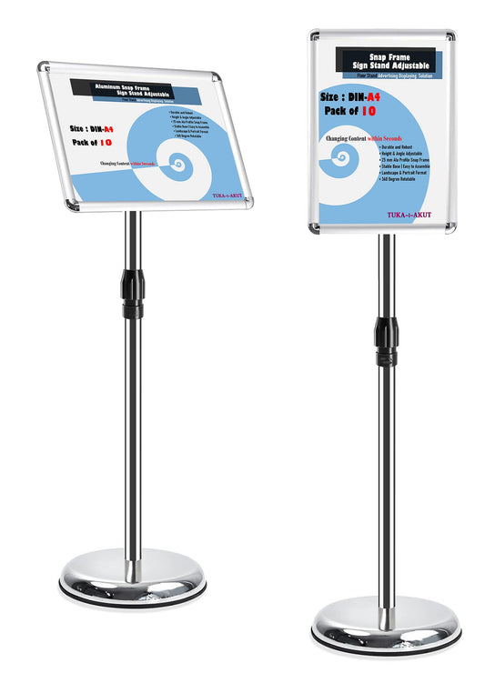 TUKA-i-AKUT 10er A4 Infoständer Höhenverstellbar für Hoch- / Querformat, Abgerundete Ecken Klapprahmen Plakathalter Präsentationsständer für Austauschbare Werbung & Hinweisschilder, Silver TKD8423-10X