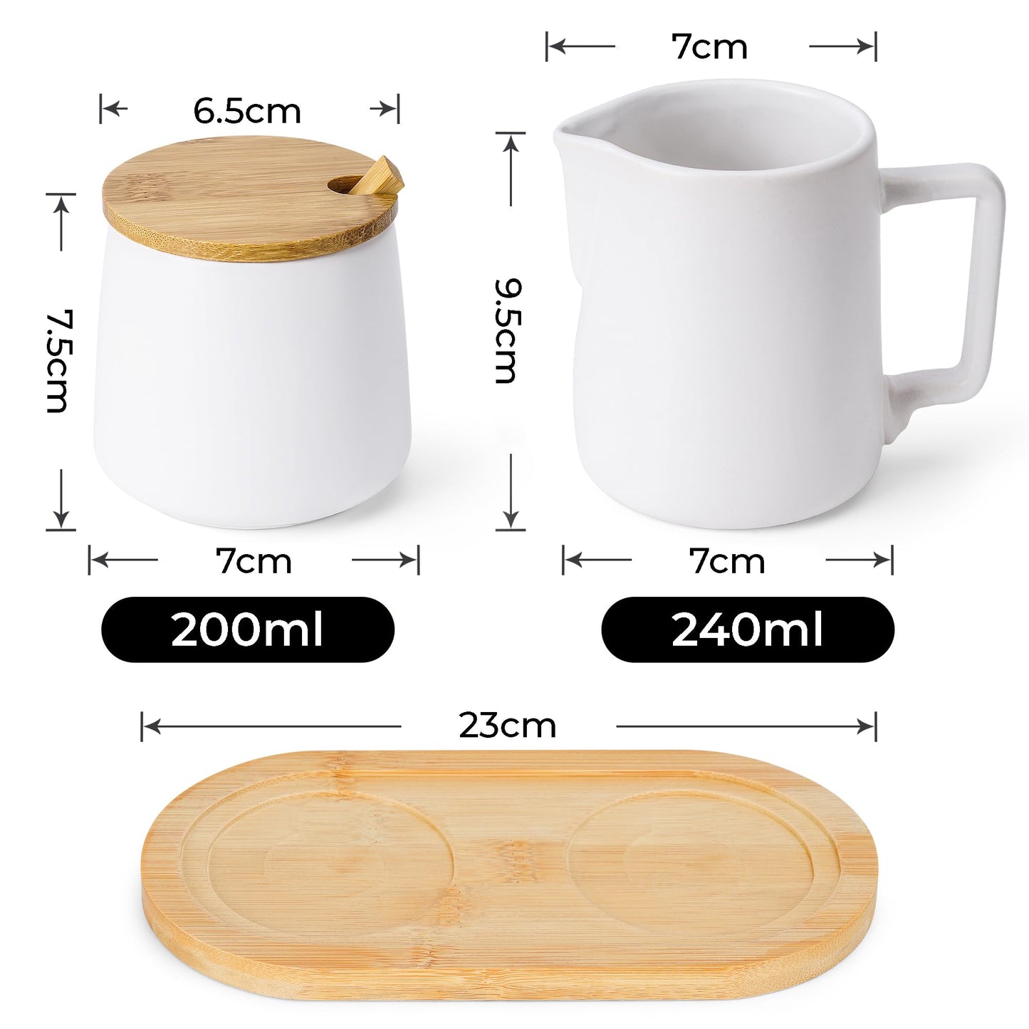 MIAMIO - Milch und Zucker Set mit Deckel und Löffel/Keramik Milchkännchen mit Holz Tablett - Mikrowellen- und Spülmaschinenfest (Weiß)