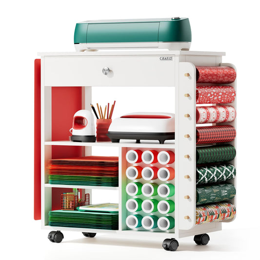Crafit Bastelwagen und Organizer Tisch Kompatibel mit Cricut, Rollende Organizer und Aufbewahrung mit Vinylrollen Halterungen Bastelstation Werkzeughalter für das Bastelzimmer Home Office (Patentiert)