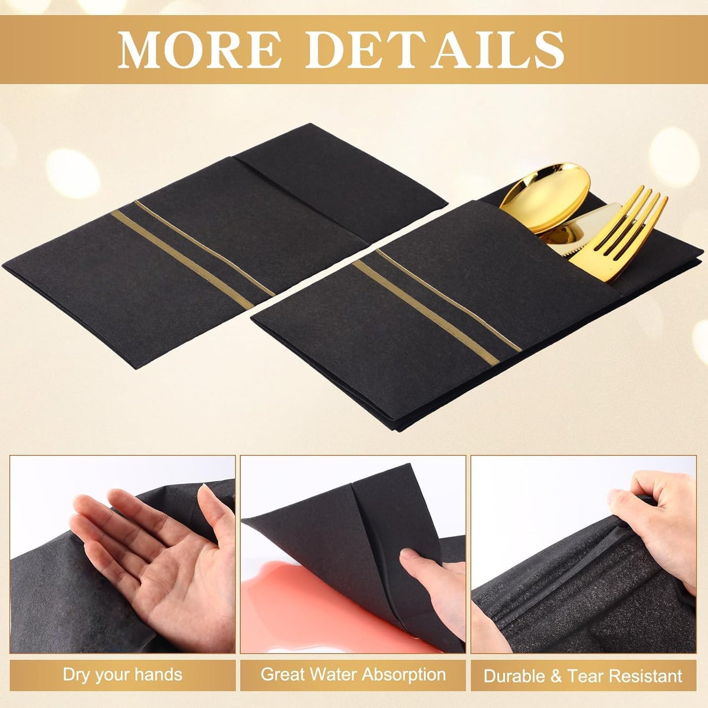 LEKOCH 50 PCS Einweg Besteckservietten Schwarz mit Gold, Air Laid Stoffähnlich Servietten Vorgefaltet Bestecktasche Für Hochzeit Premium QUALITÄT,43x30 (Schwarz mit Gold)