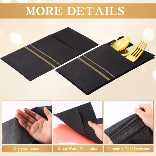 LEKOCH 50 PCS Einweg Besteckservietten Schwarz mit Gold, Air Laid Stoffähnlich Servietten Vorgefaltet Bestecktasche Für Hochzeit Premium QUALITÄT,43x30 (Schwarz mit Gold)