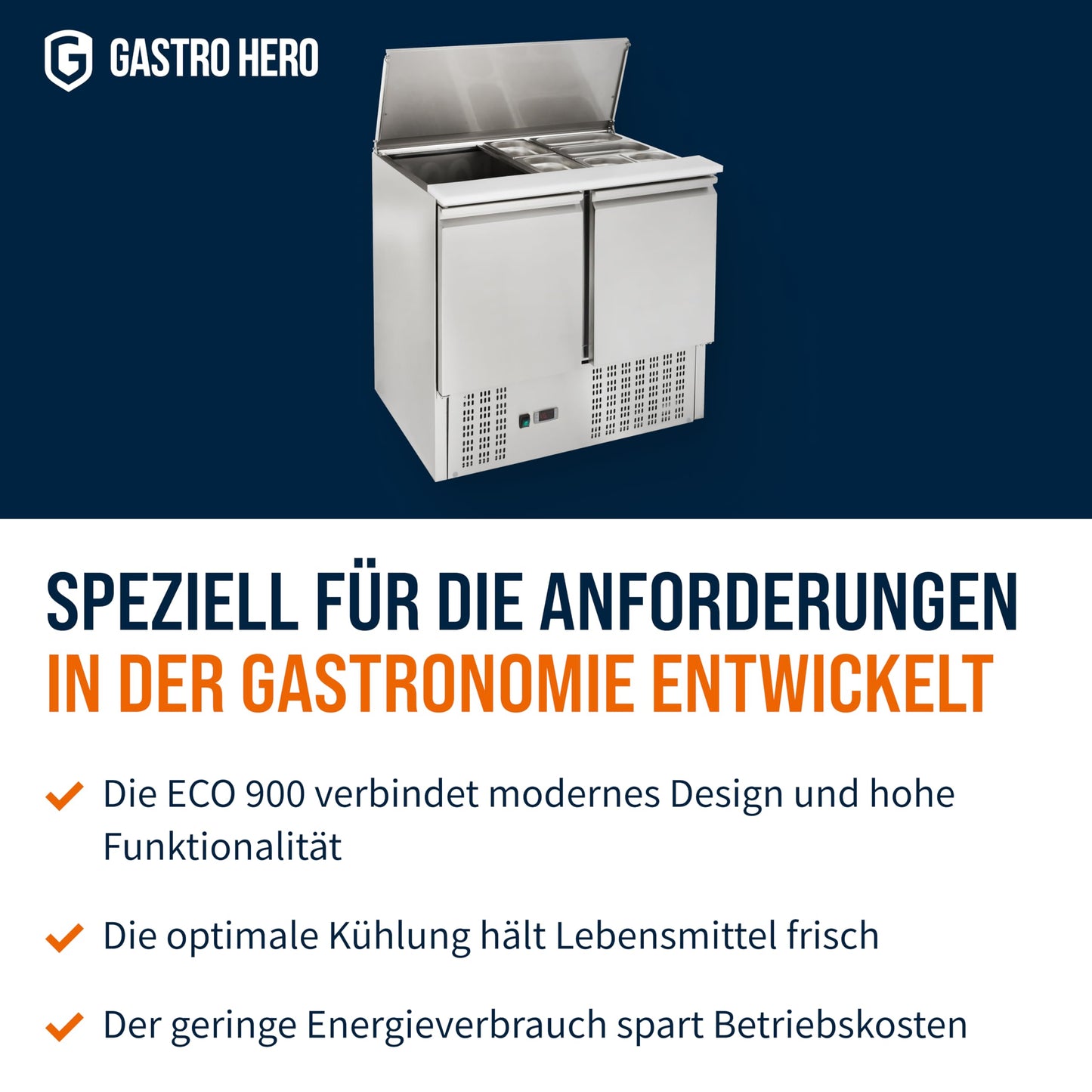 GastroHero Saladette Eco 900 – 240 Liter Kühlung, 2 Edelstahl-Türen, GN-Behältereinlass