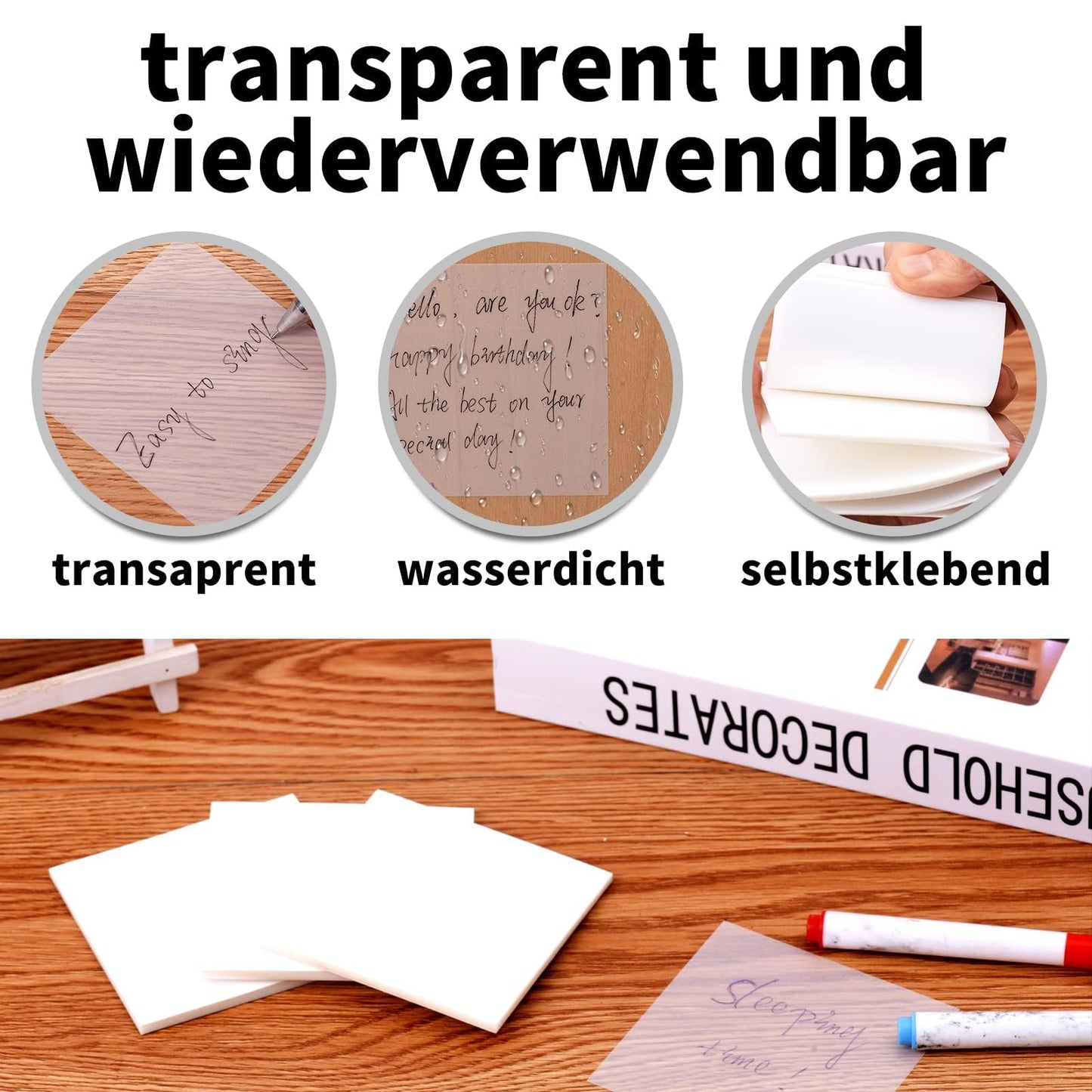 ZITFRI Haftnotizen Klebezettel transparent 400 Zettel 75x75mm, Haftnotiz Notizzettel durchsichtig Sticky Notes Haftnotizen Notes wasserfest Selbstklebend Klebezettel Papier für Schule Büro Zuhause