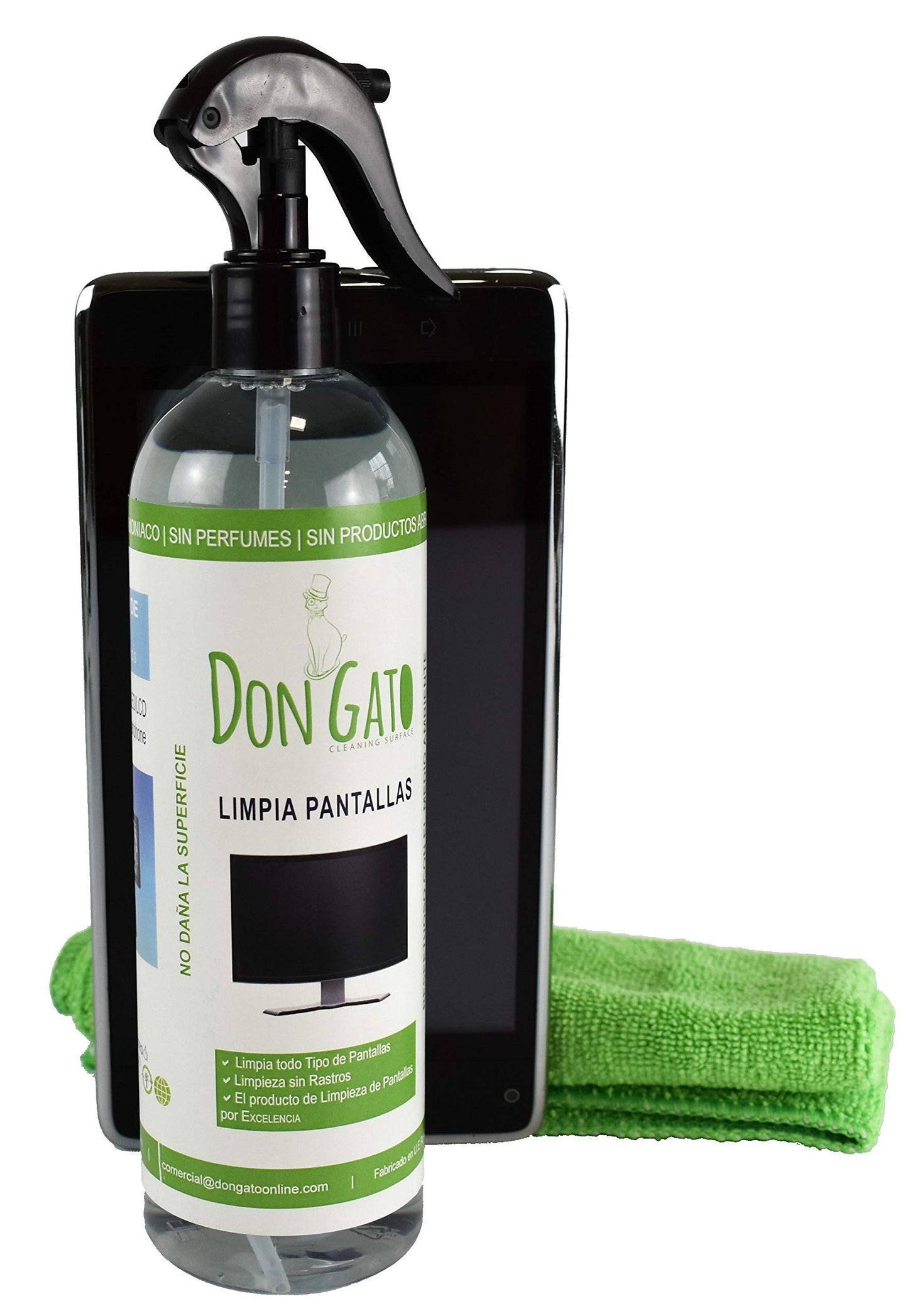 Don GATO - Bildschirmreiniger-Set und 2 Mikrofasertücher (500ml) für Fernseher, Tablets, Computer, Laptops und Mobiltelefone. Hergestellt aus Natúrlichen Produkten und Umweltbewusst