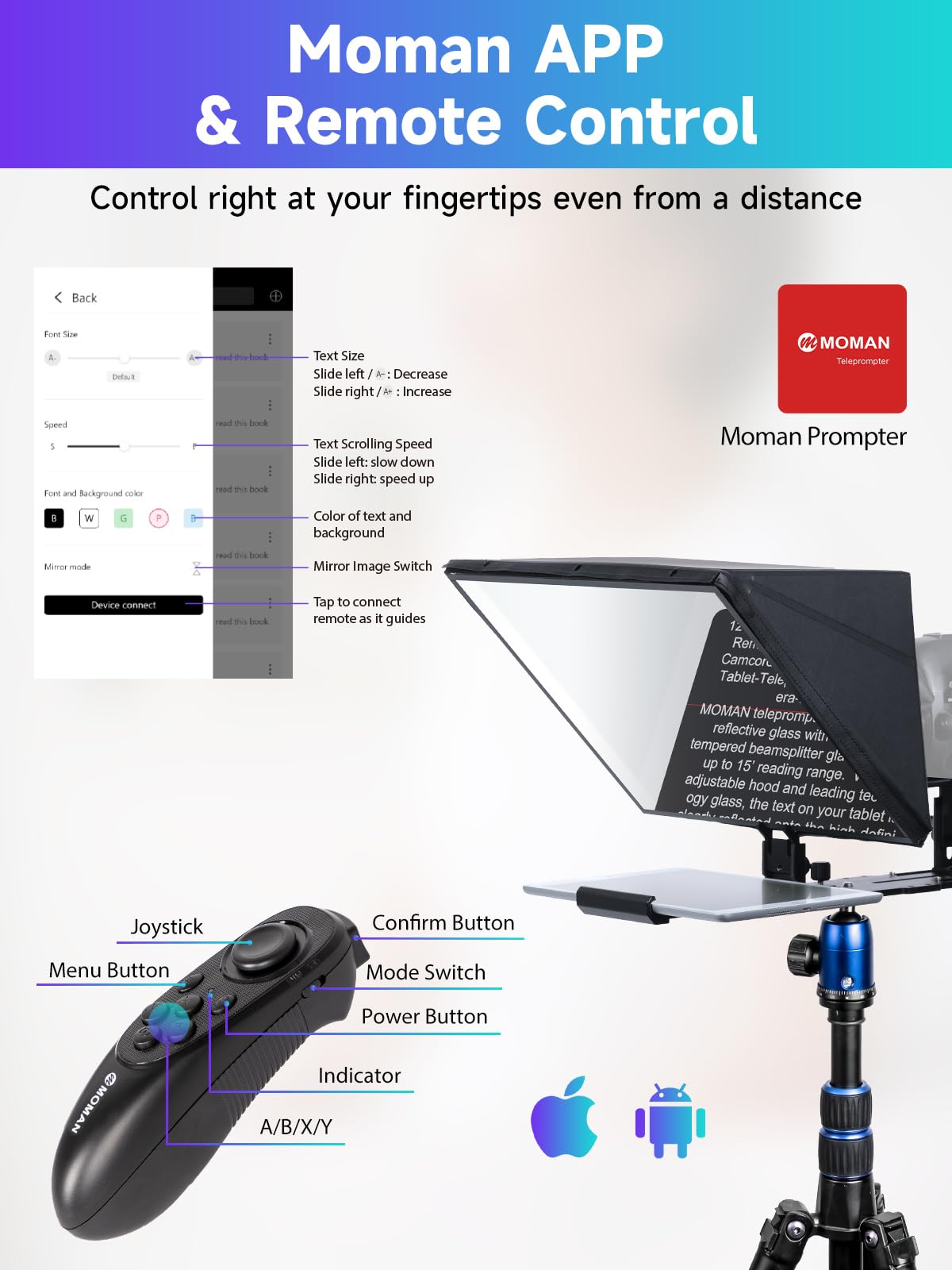 Moman MT16 Teleprompter 16 Zoll – Professioneller Video-Prompter für iPad, Tablet & Smartphone mit App-Steuerung und Fernbedienung für DSLR/Videokameras