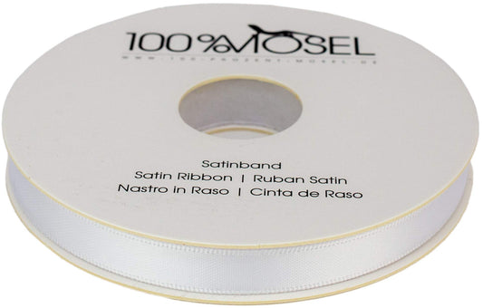 100% Mosel Satinband, in Weiß (10 mm x 25 m), matt glänzendes Geschenkband, edles Schleifenband zum Dekorieren & Basteln, zum Einpacken besonderer Geschenke, für Hochzeiten, Taufen, uvm.