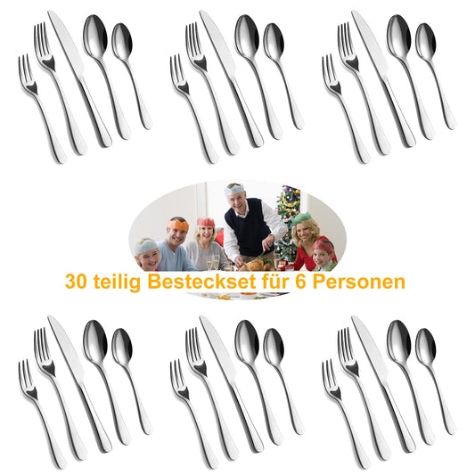 BEWOS Besteck Set für 6 Personen, 30 teilig Essbesteck Set inkl. Messer, Gabel, Löffel, Besteck Edelstahl Spiegelpoliert, Spülmaschinenfest
