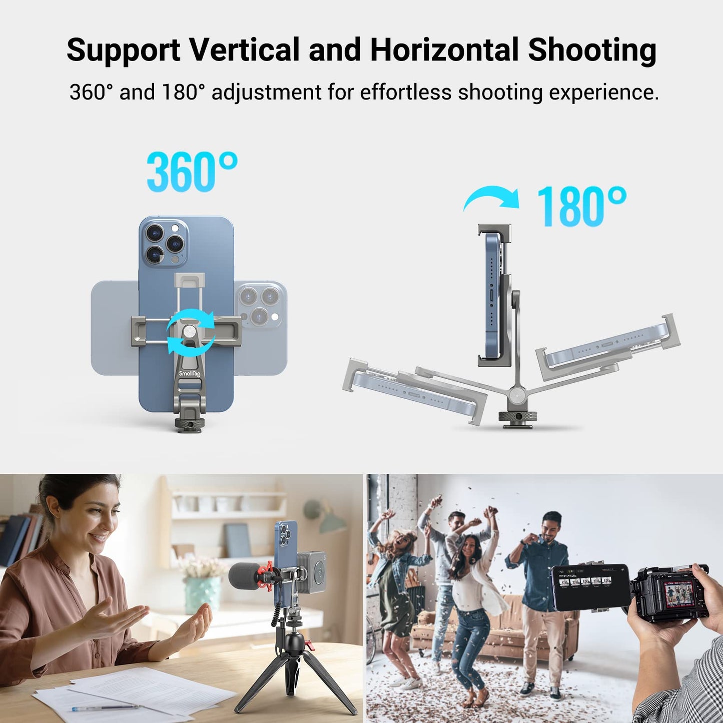 SMALLRIG Handyhalterung Universal Telefonkamera Halterung with Cold Shoes and 1/4" Threaded Hole 360° Rotation Phone Camera Mount für Filmemachen, Vlogging -3559