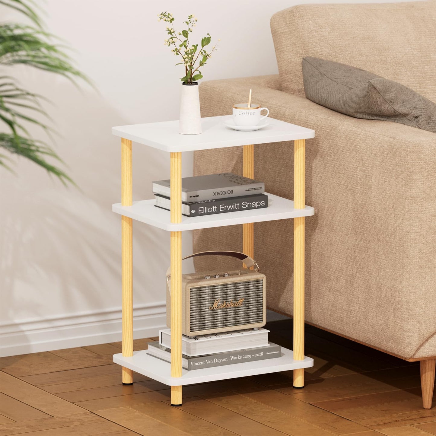 APICIZON 3 Tier Beistelltisch Schmal, Nachttisch Holz, Tisch Klein, Kleiner Beistelltisch fürs Wohnzimmer, Schlafzimmer, Balkon, Arbeitszimmer, Natur&Weiss