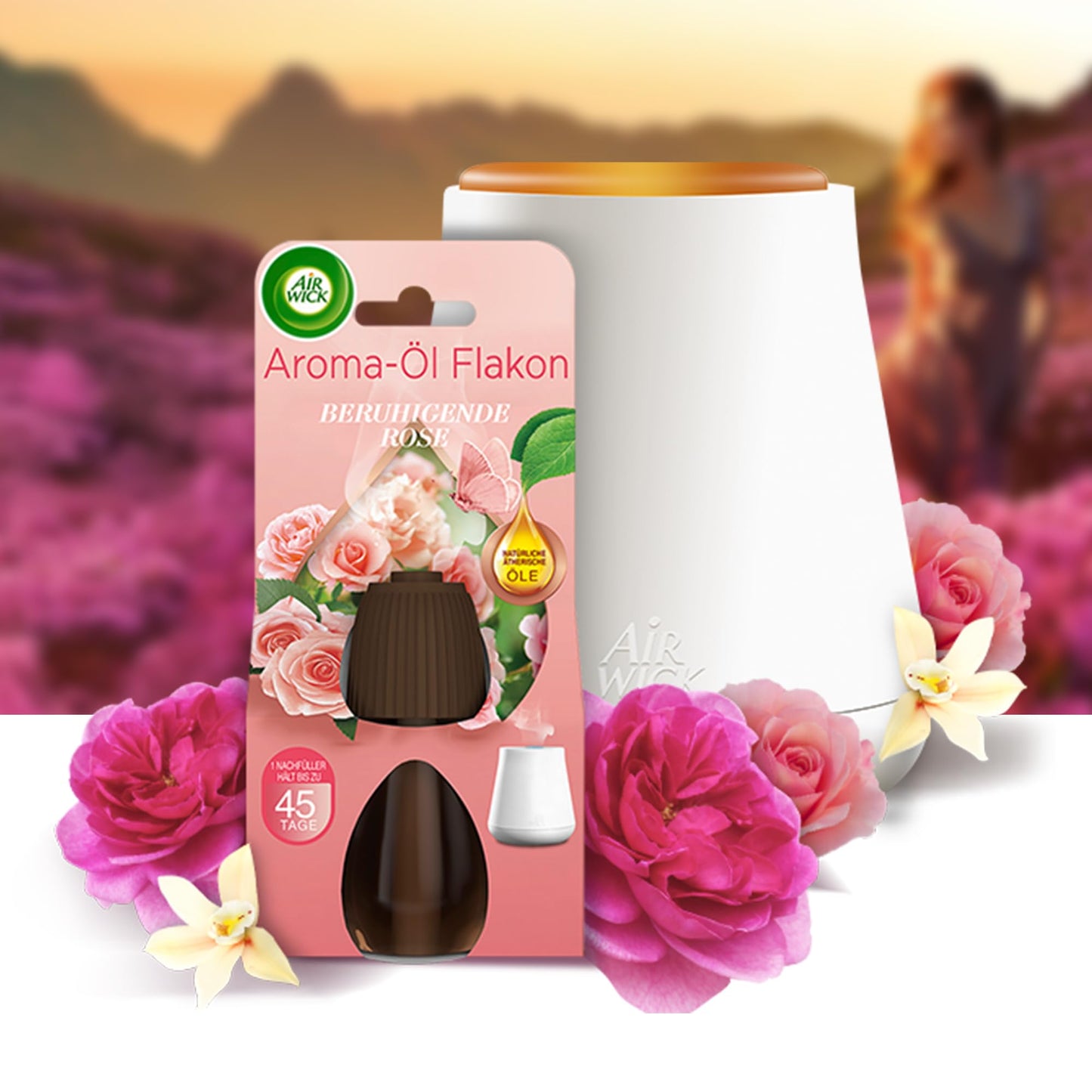 Air Wick Aroma-Öl Flakon Starter Set - Diffuser mit 2 Nachfüllern - Aromatherapie - Duft: Beruhigende Rose - Floraler Raumduft mit ätherischen Ölen - 2 x 20 ml Öl + Gerät in Weiß