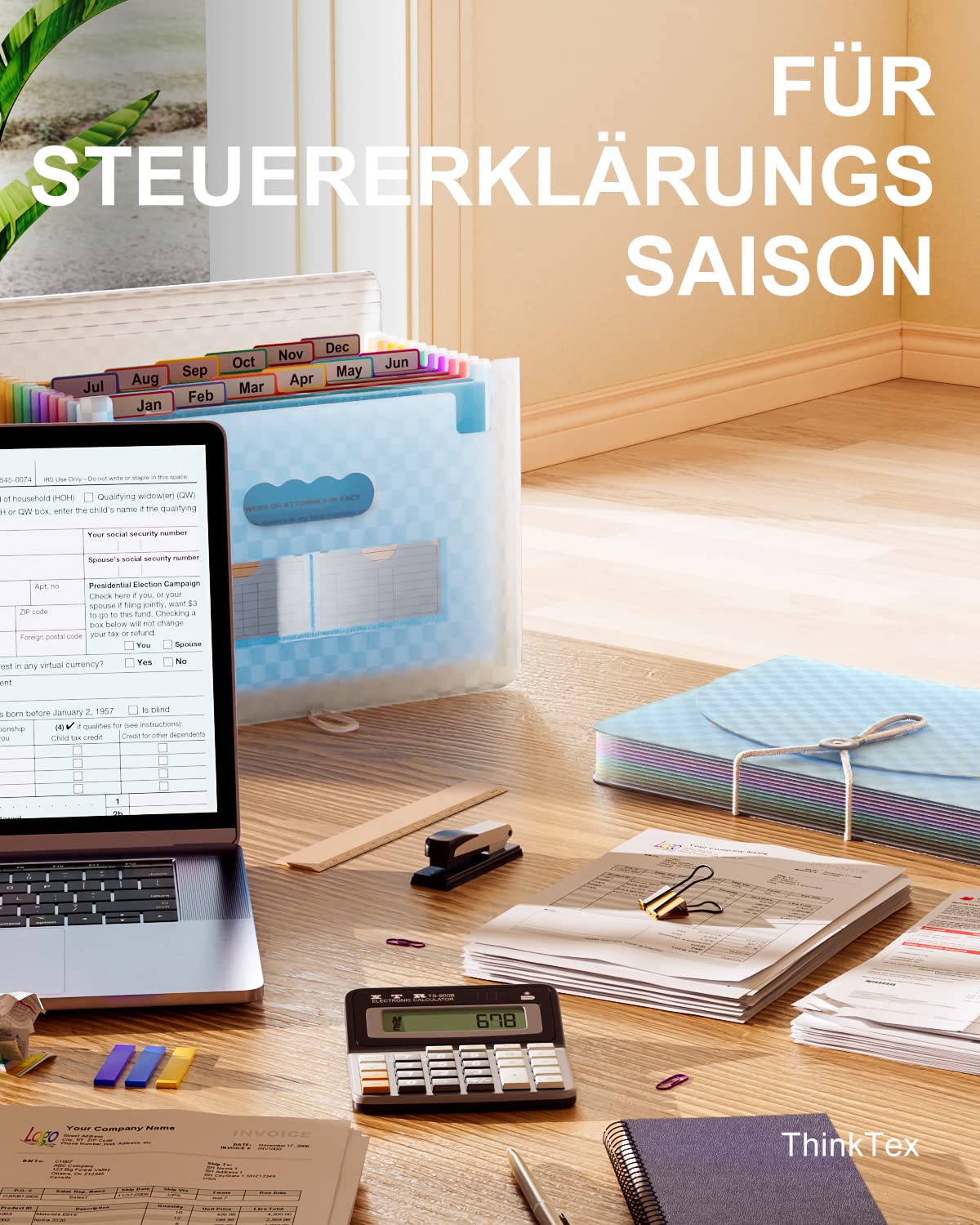 ThinkTex Accordian Aktenordner, 12 Fächer, erweiterbare Aktenordner, tragbarer monatlicher Rechnungsbeleg-Organizer, bunte Registerkarten, A4-Größe – Blau