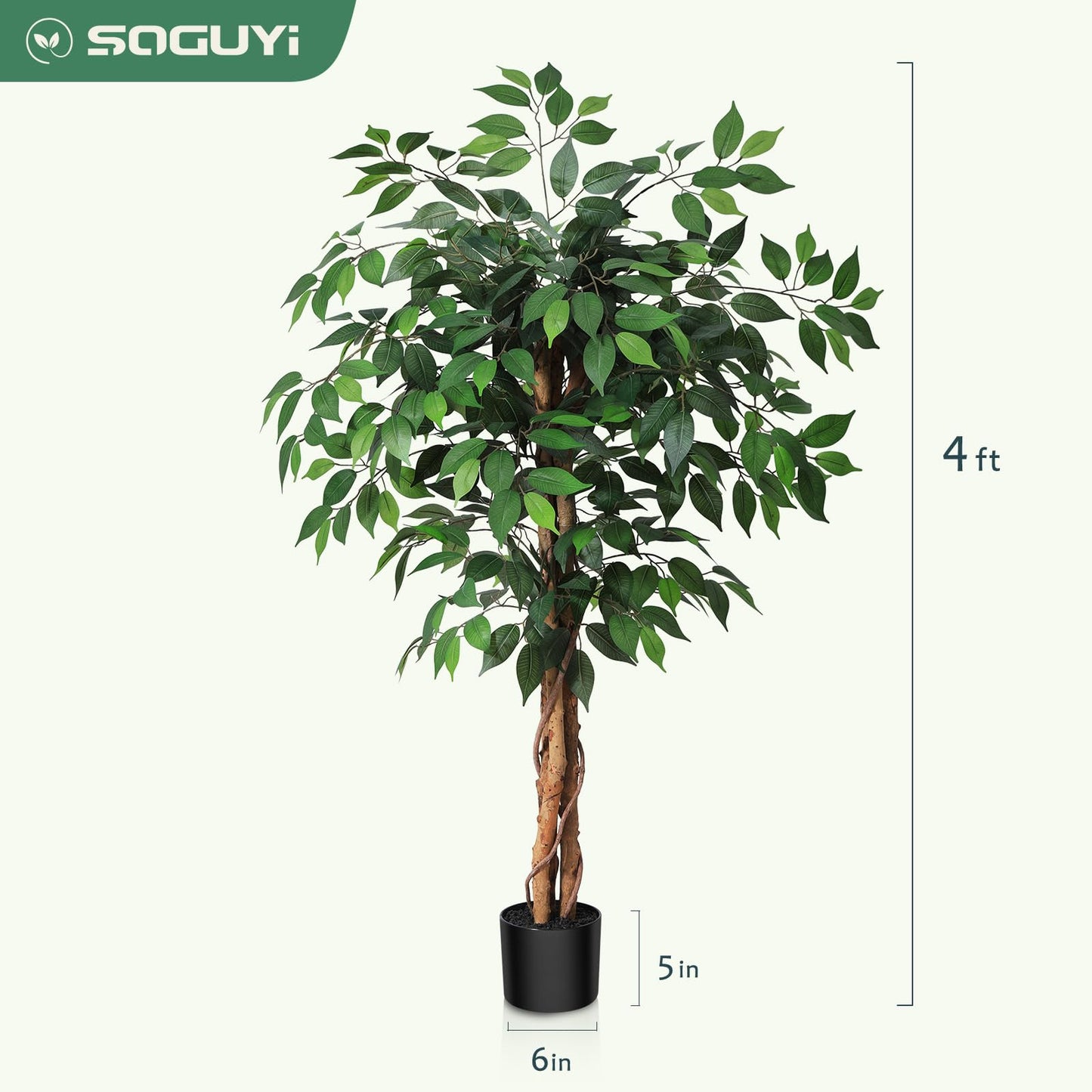 SOGUYI 120 cm Kunstpflanze Ficusbaum - Kunstpflanzen wie echt mit Stamm aus Naturholz, Große Künstliche Pflanzen für Büro, Zuhause, Innen- und Außendekoration, 1 Packung